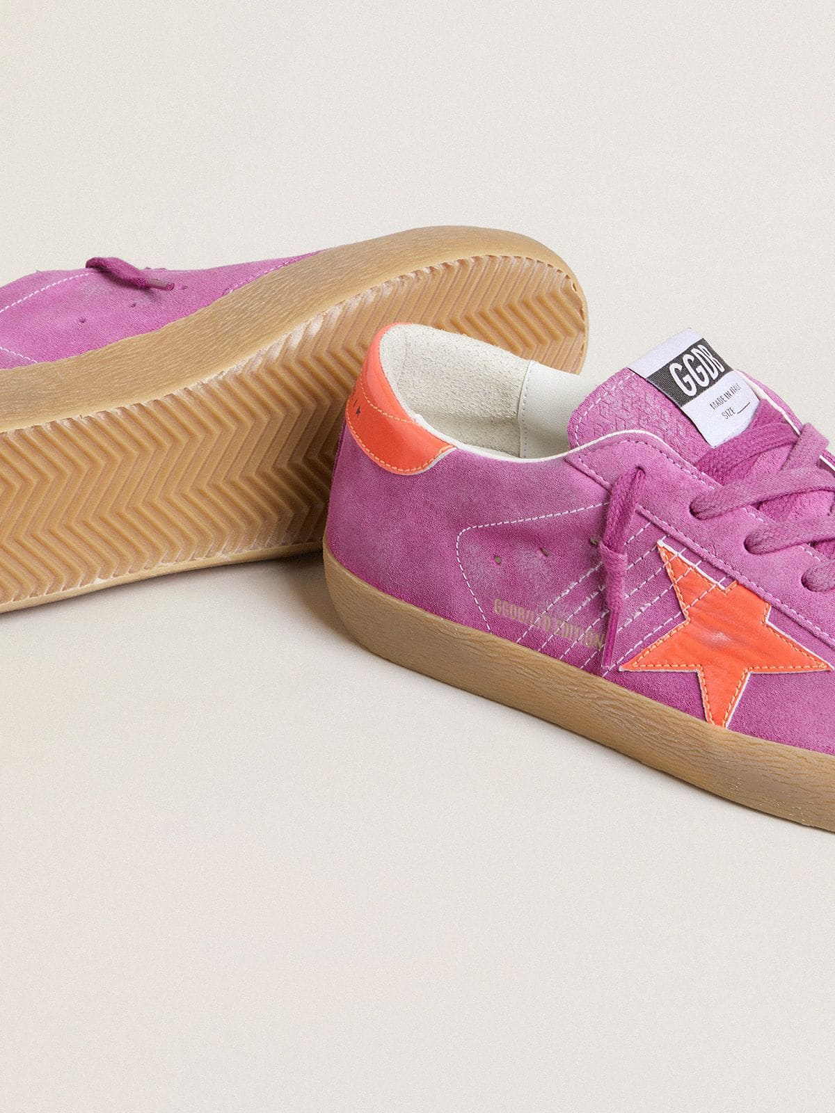 Women's Super-Star in fuchsia suede with fluorescent orange laminated leather star and heel tab - Golden Goose Women