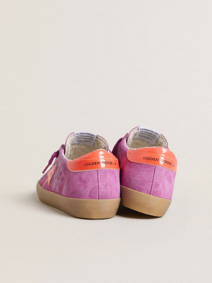 Women's Super-Star in fuchsia suede with fluorescent orange laminated leather star and heel tab - Golden Goose Women