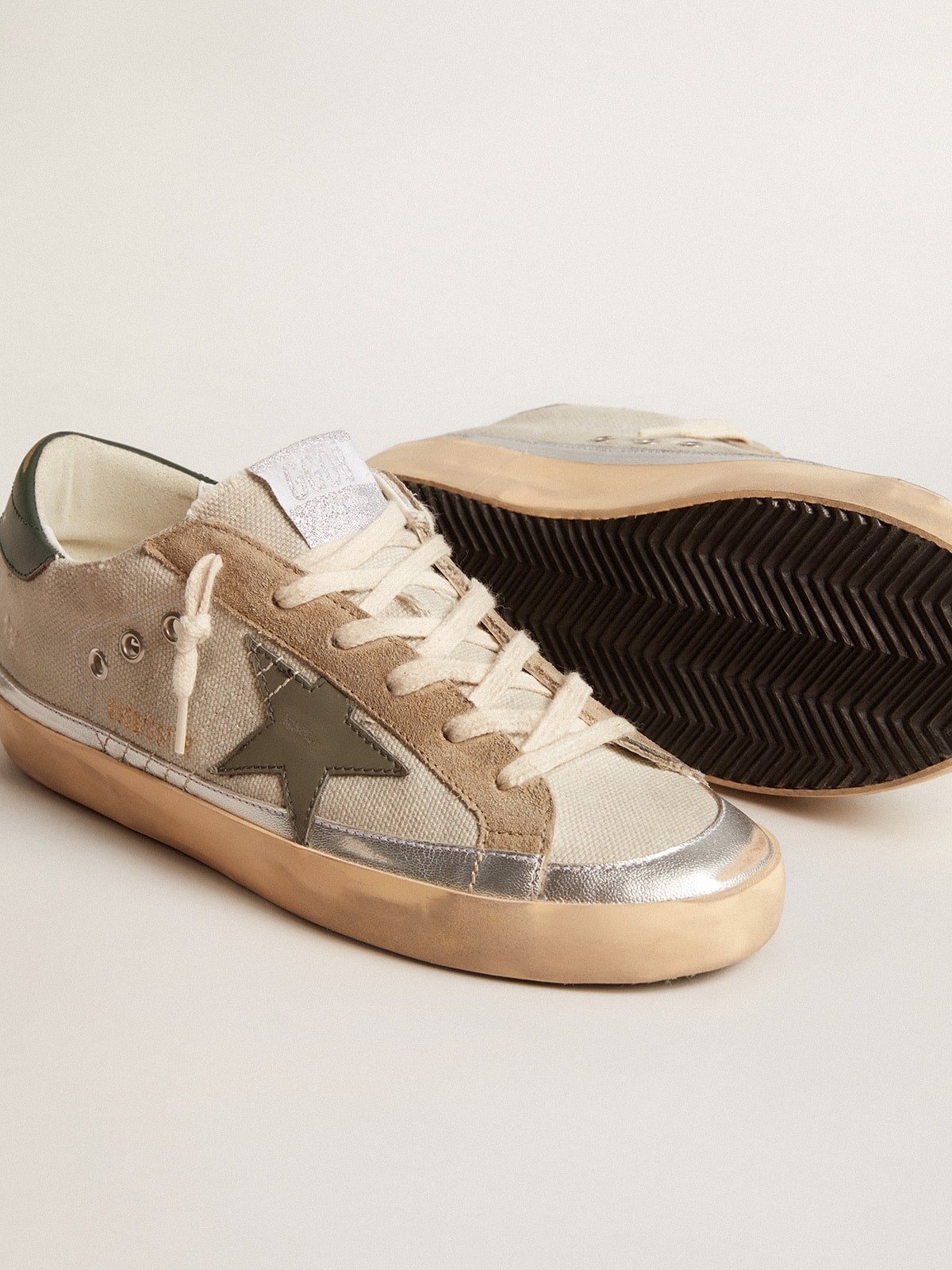 Super-Star in gray canvas with a green leather star and heel tab - Golden Goose Women