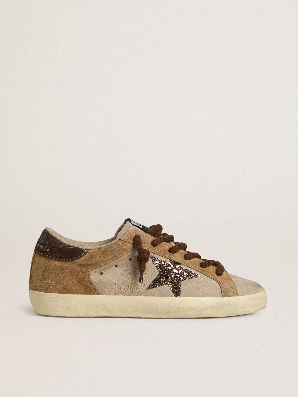 Women's Super-Star in beige and brown suede with brown glitter star - Golden Goose Women