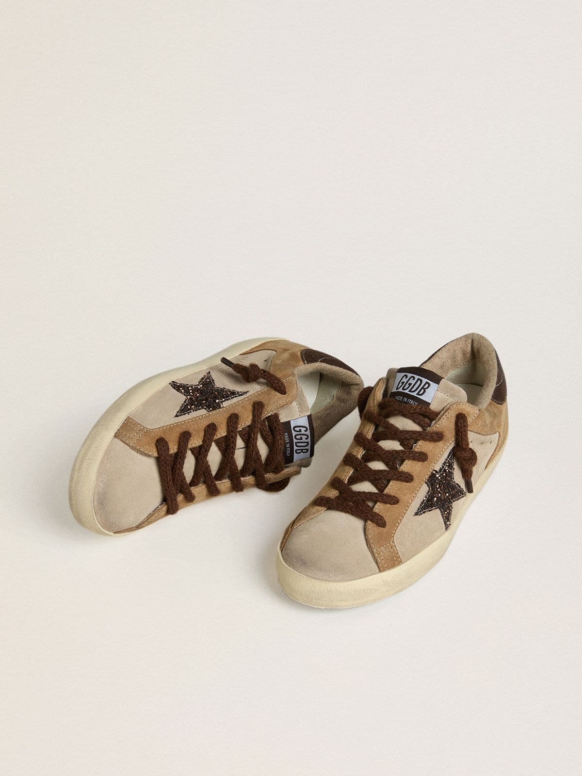 Women's Super-Star in beige and brown suede with brown glitter star - Golden Goose Women