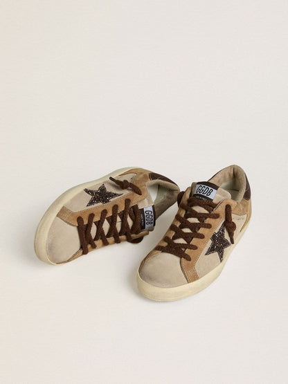Women's Super-Star in beige and brown suede with brown glitter star - Golden Goose Women