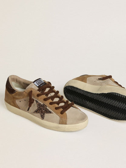 Women's Super-Star in beige and brown suede with brown glitter star - Golden Goose Women