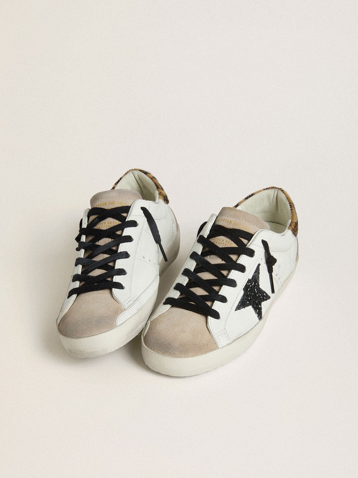 Women's Super-Star with black glitter star and leopard-print pony skin heel tab - Golden Goose Women