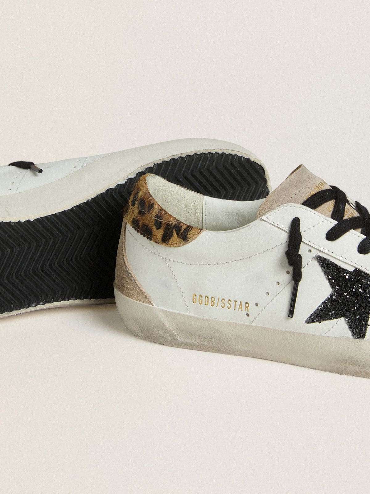 Women's Super-Star with black glitter star and leopard-print pony skin heel tab - Golden Goose Women