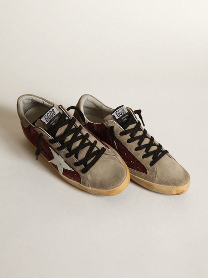Women's Super-Star in burgundy glitter with white leather star and dove-gray suede tongue - Golden Goose Women