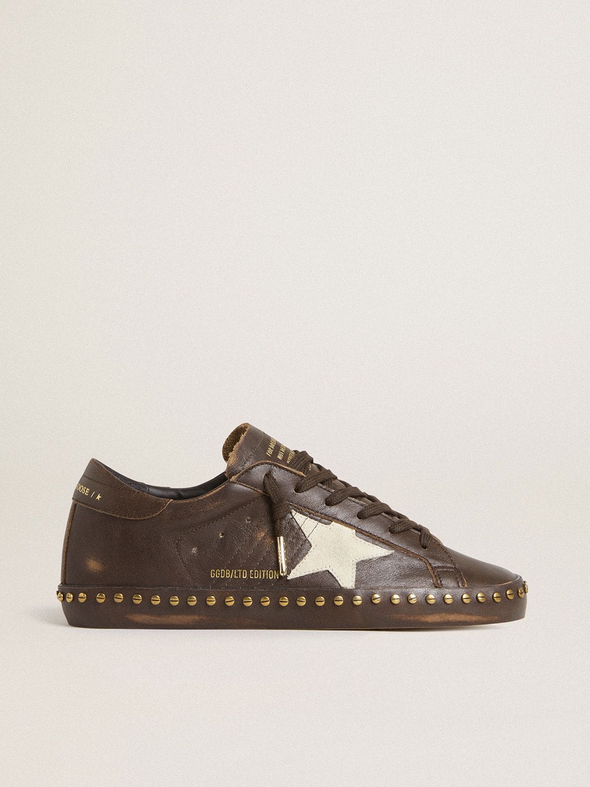 Women’s Super-Star LTD in dark brown leather with cream suede star and studs - Golden Goose Women