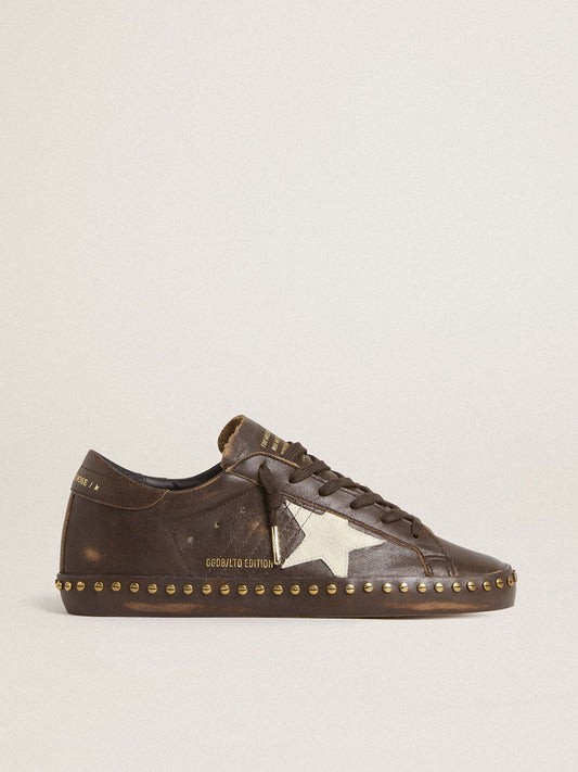 Women’s Super-Star LTD in dark brown leather with cream suede star and studs - Golden Goose Women