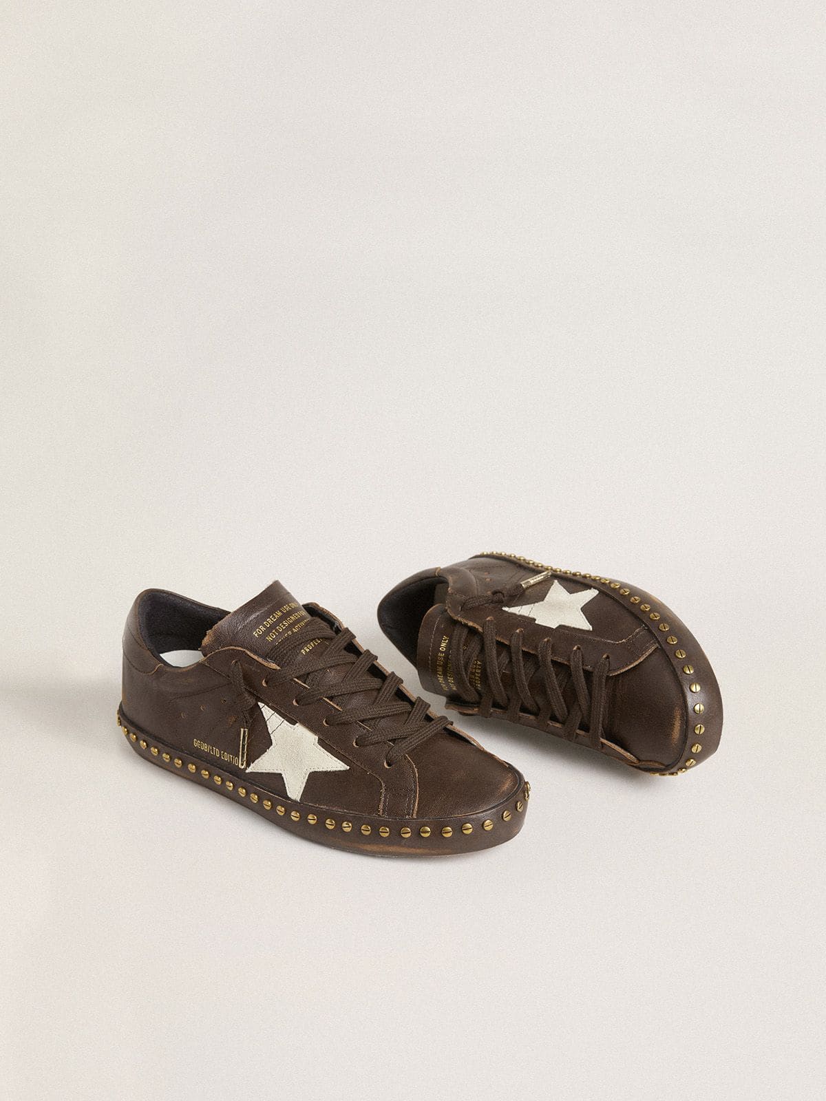 Women’s Super-Star LTD in dark brown leather with cream suede star and studs - Golden Goose Women