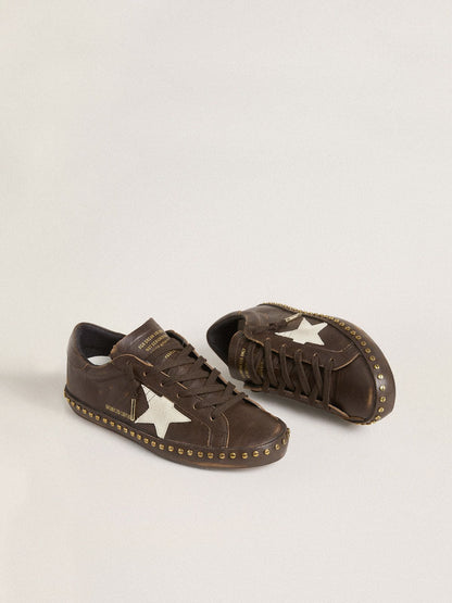 Women’s Super-Star LTD in dark brown leather with cream suede star and studs - Golden Goose Women