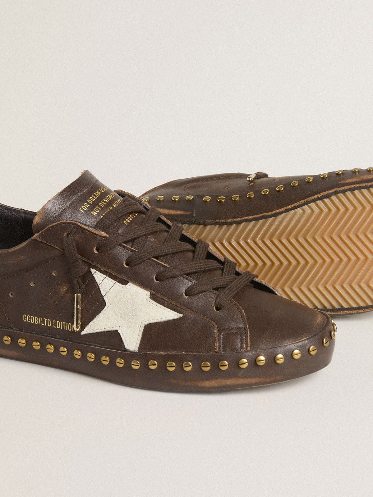 Women’s Super-Star LTD in dark brown leather with cream suede star and studs - Golden Goose Women