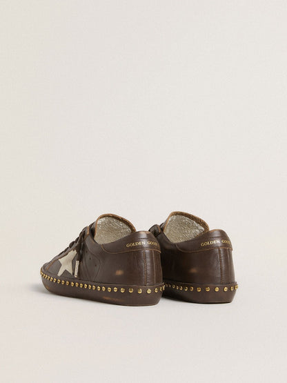 Women’s Super-Star LTD in dark brown leather with cream suede star and studs - Golden Goose Women