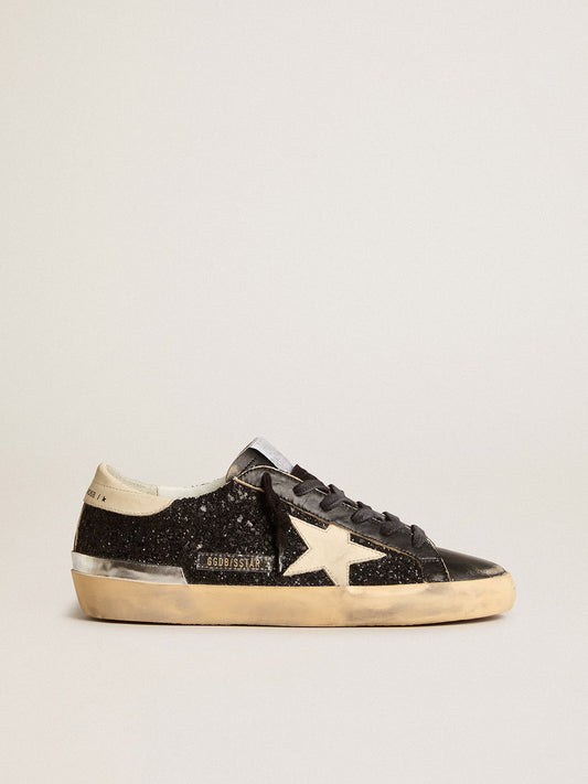 Women's Super-Star in black glitter and nappa with cream leather star and heel tab - Golden Goose Women