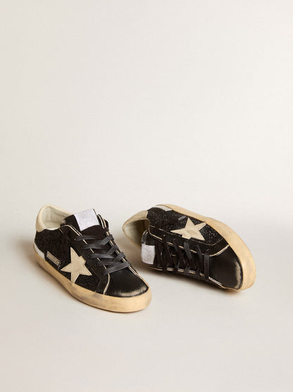 Women's Super-Star in black glitter and nappa with cream leather star and heel tab - Golden Goose Women