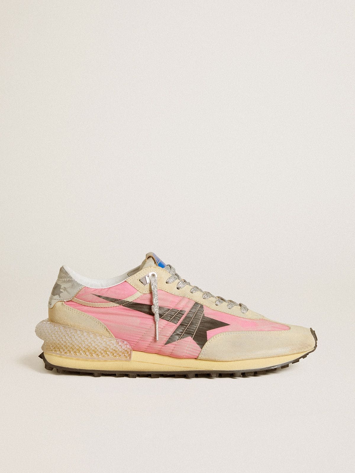 Women's Marathon in pink nylon and beige suede with black printed star - Golden Goose Women