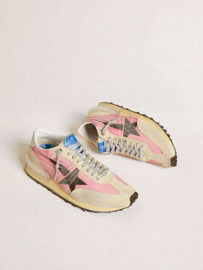 Women's Marathon in pink nylon and beige suede with black printed star - Golden Goose Women
