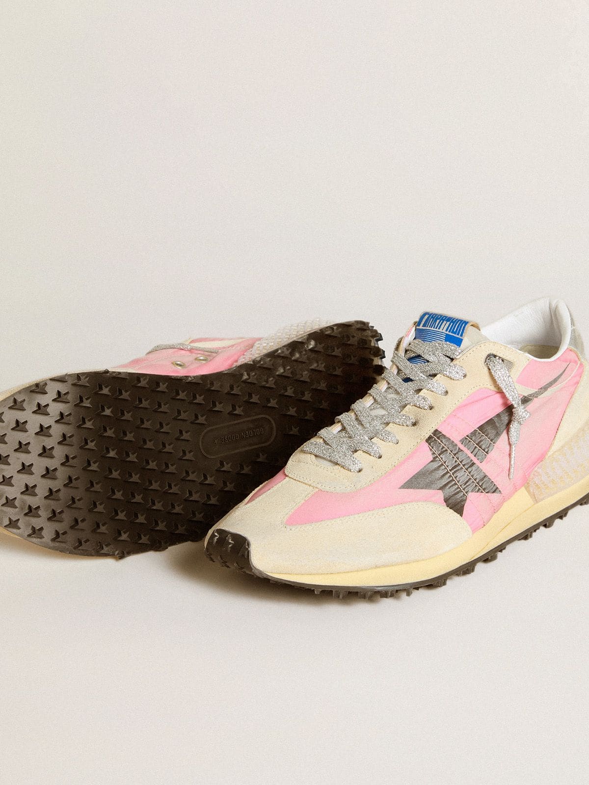 Women's Marathon in pink nylon and beige suede with black printed star - Golden Goose Women