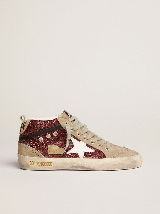 Women's Mid Star in burgundy glitter with gray inserts and white star - Golden Goose Women