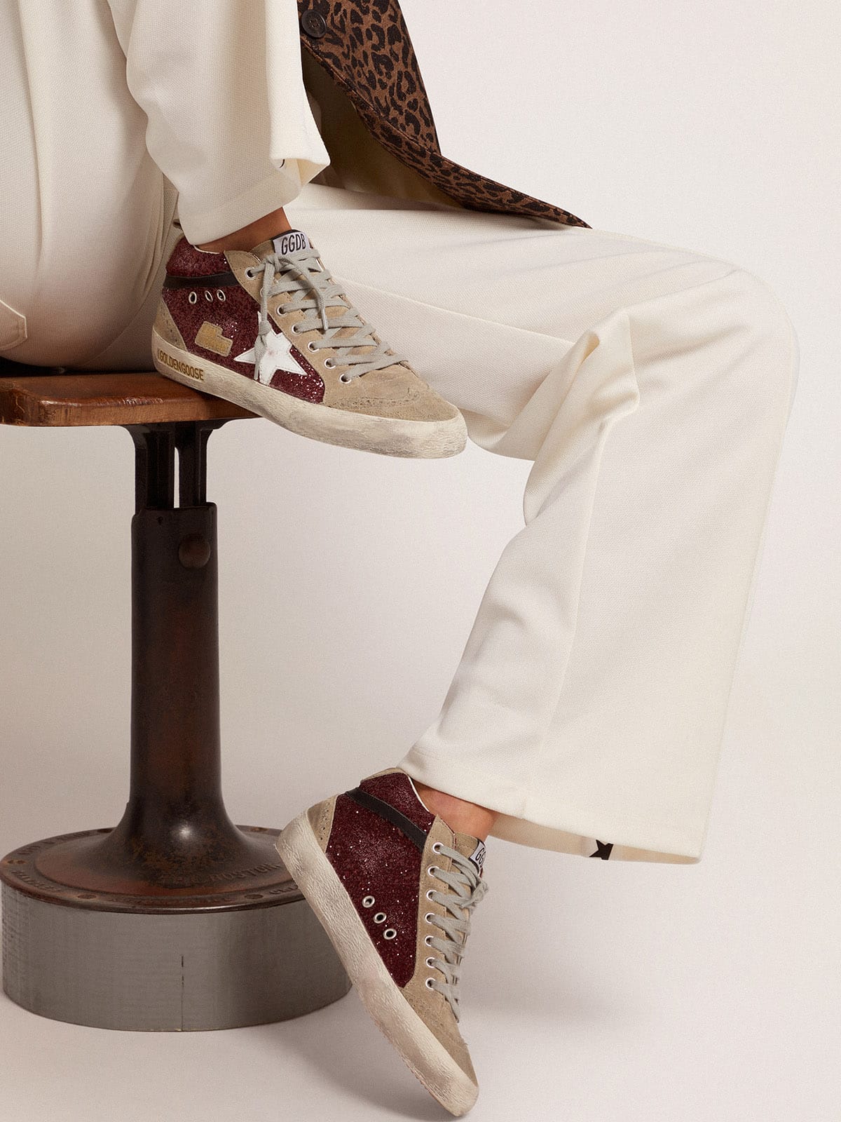 Women's Mid Star in burgundy glitter with gray inserts and white star - Golden Goose Women