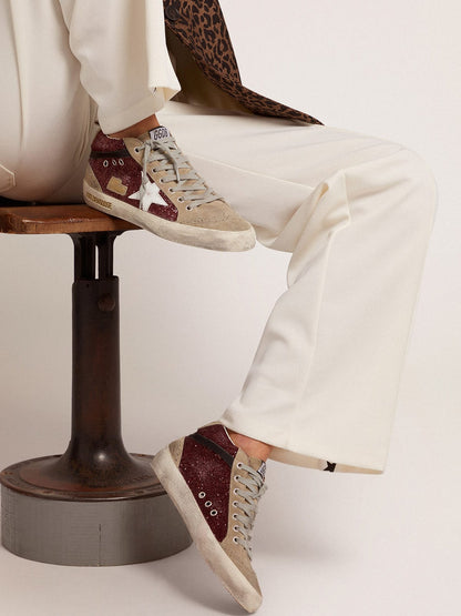 Women's Mid Star in burgundy glitter with gray inserts and white star - Golden Goose Women