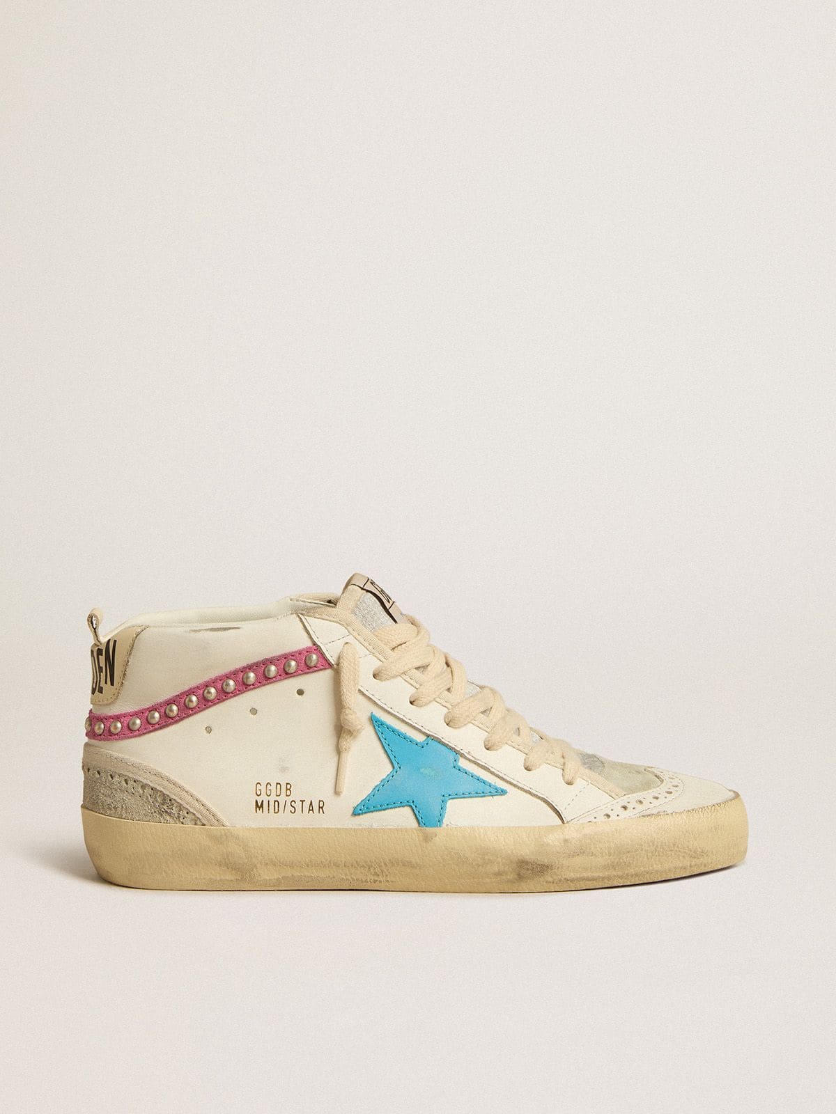Women's Mid Star in leather with light blue star and fuchsia suede flash with platinum studs - Golden Goose Women