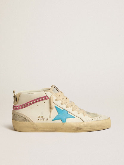 Women's Mid Star in leather with light blue star and fuchsia suede flash with platinum studs - Golden Goose Women