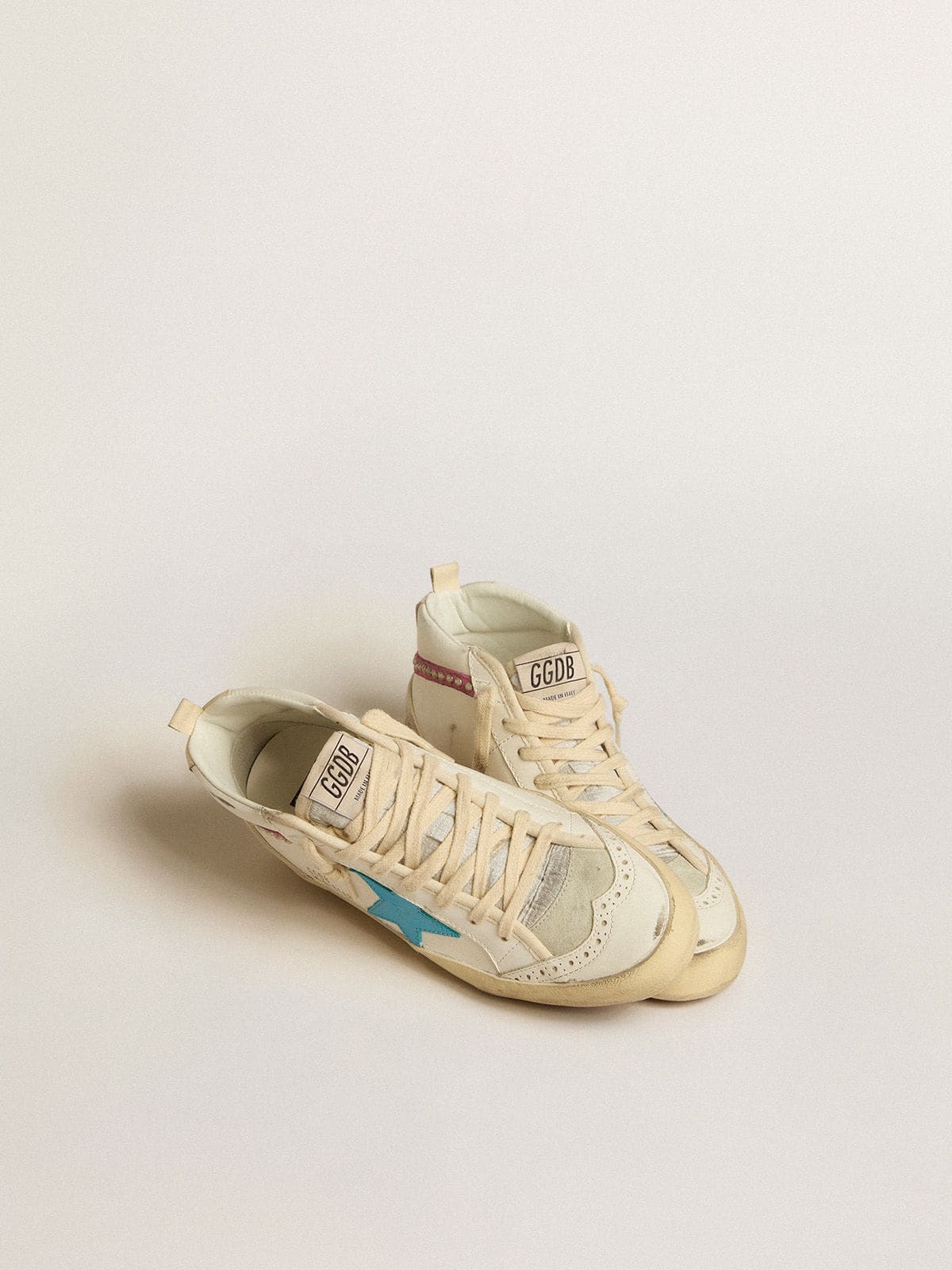Women's Mid Star in leather with light blue star and fuchsia suede flash with platinum studs - Golden Goose Women
