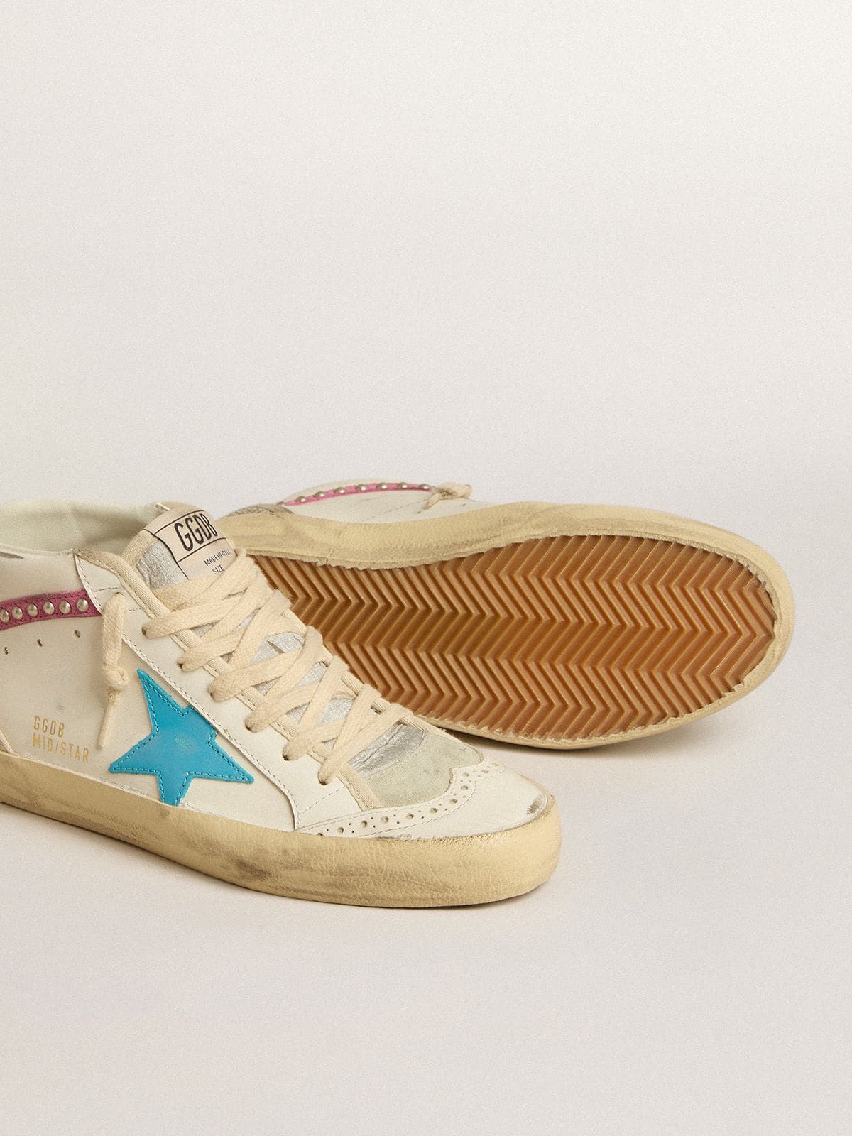 Women's Mid Star in leather with light blue star and fuchsia suede flash with platinum studs - Golden Goose Women