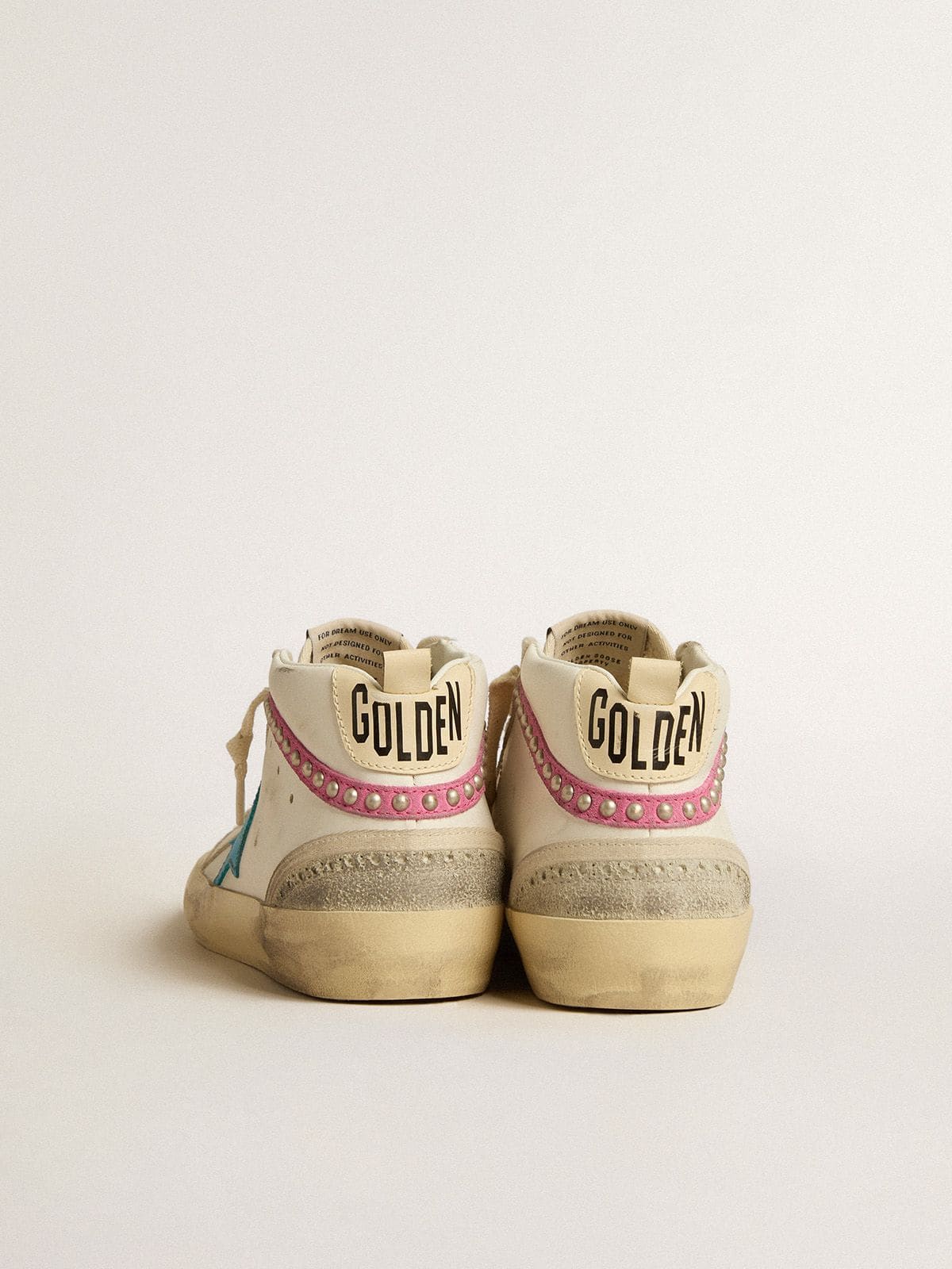 Women's Mid Star in leather with light blue star and fuchsia suede flash with platinum studs - Golden Goose Women