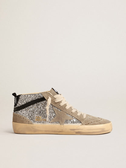 Mid Star in silver glitter with suede star and black flash - Golden Goose Women