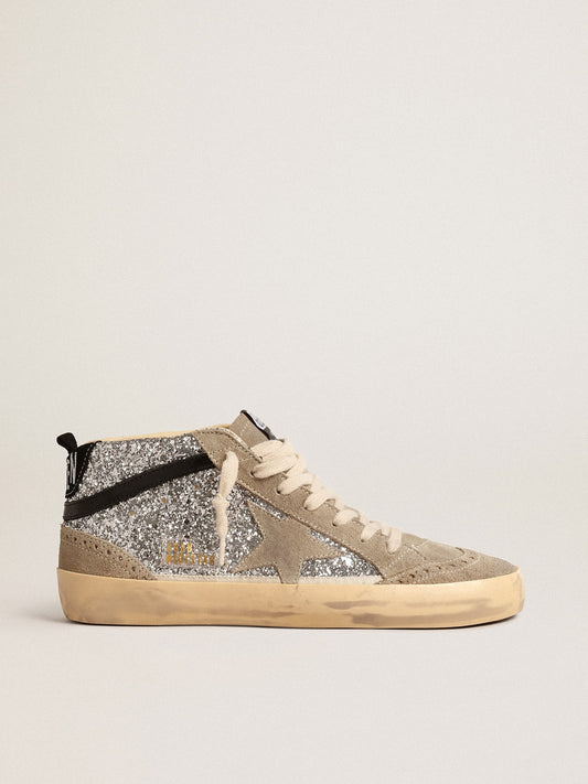 Mid Star in silver glitter with suede star and black flash - Golden Goose Women