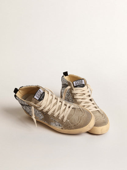 Mid Star in silver glitter with suede star and black flash - Golden Goose Women