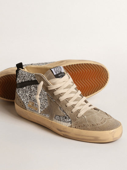 Mid Star in silver glitter with suede star and black flash - Golden Goose Women