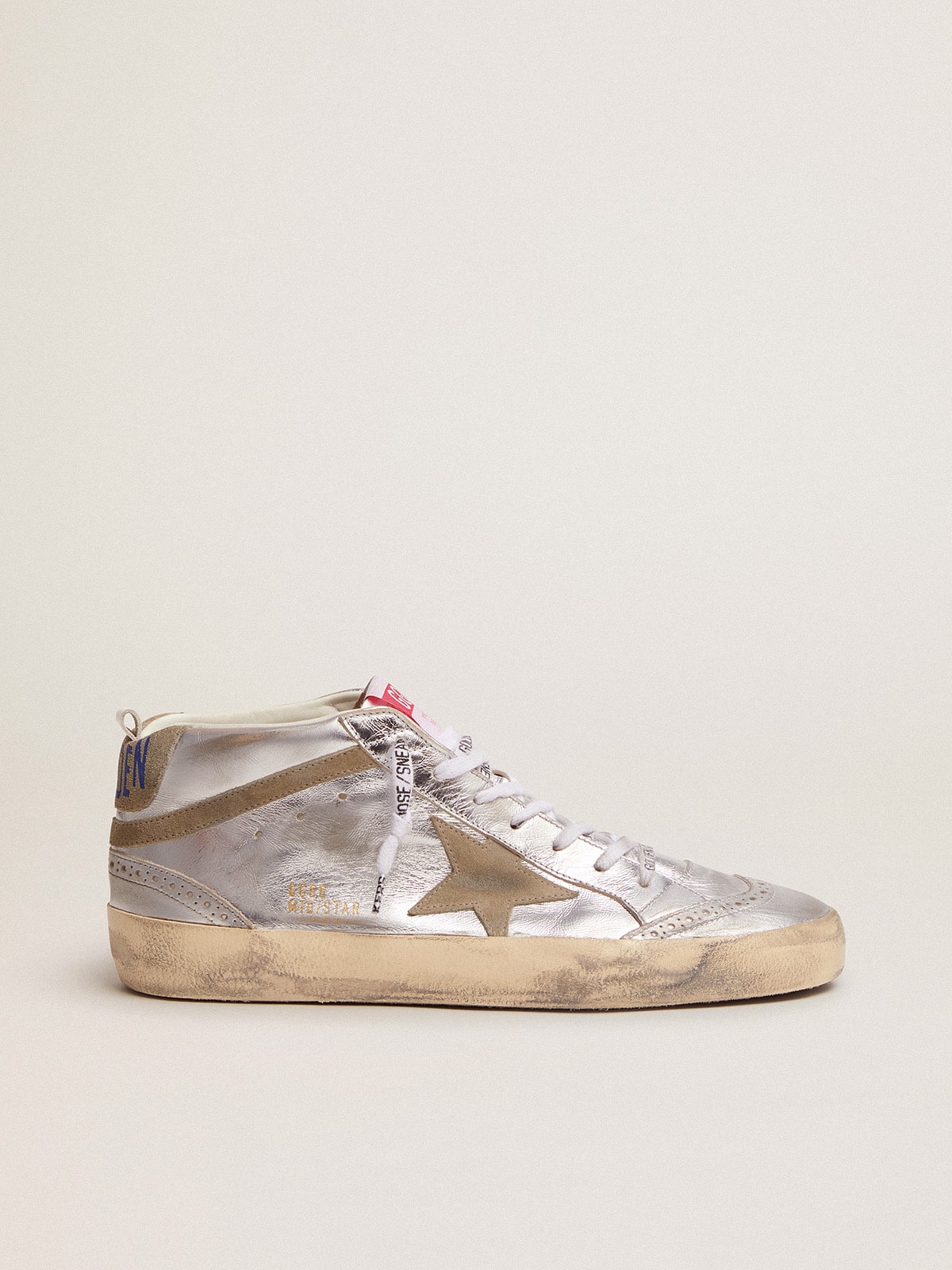 Women's Mid Star in silver laminated leather with dove gray star - Golden Goose Women