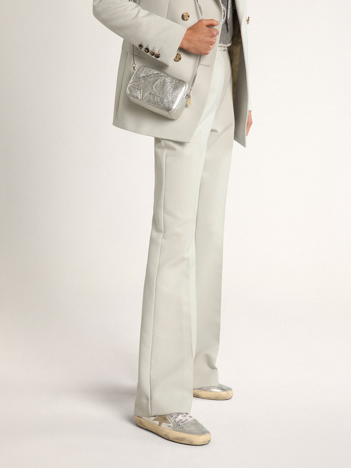 Women's Mid Star in silver laminated leather with dove gray star - Golden Goose Women