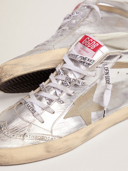 Women's Mid Star in silver laminated leather with dove gray star - Golden Goose Women