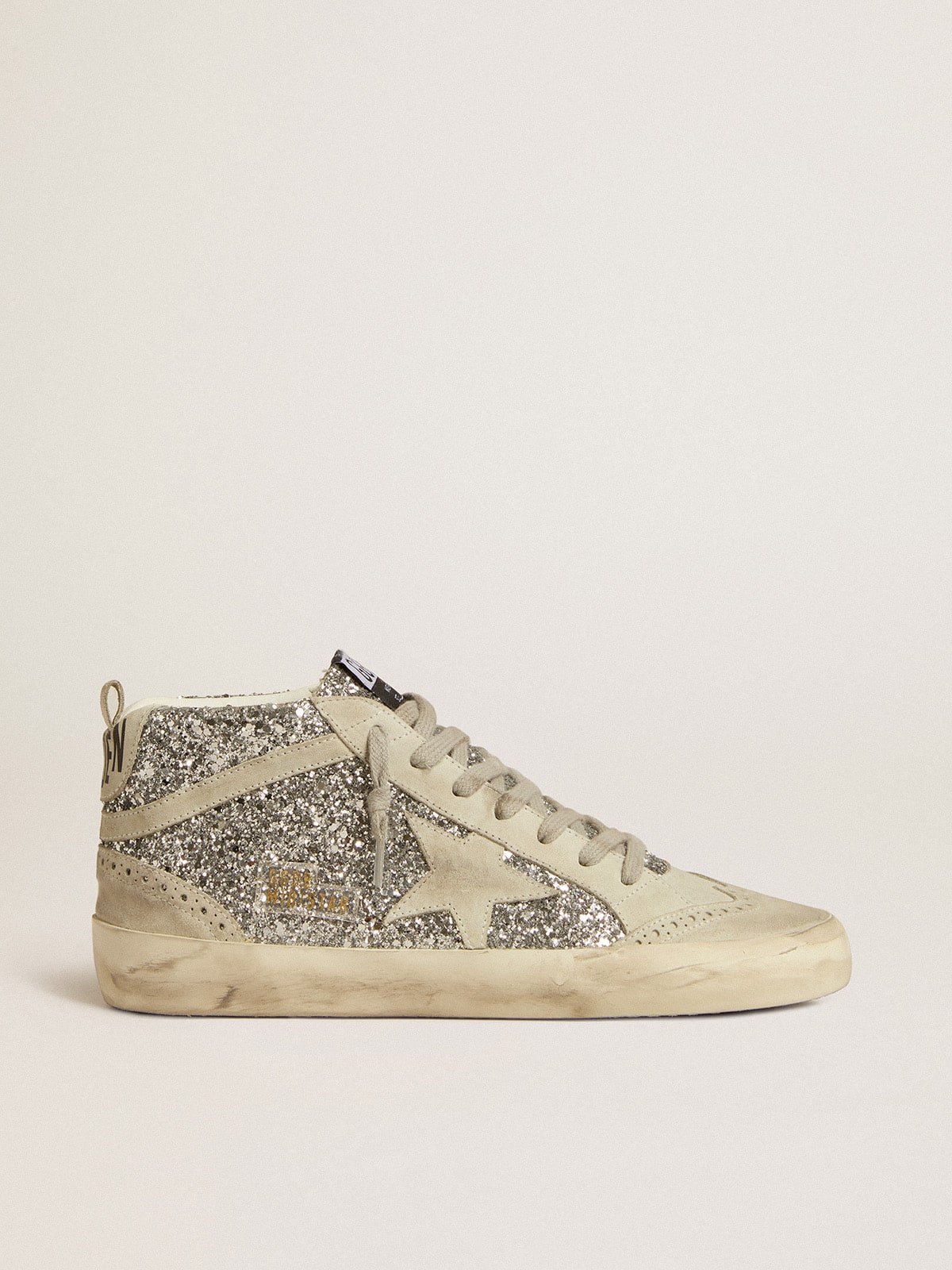 Mid Star in silver glitter with ice-gray suede star and flash - Golden Goose Women