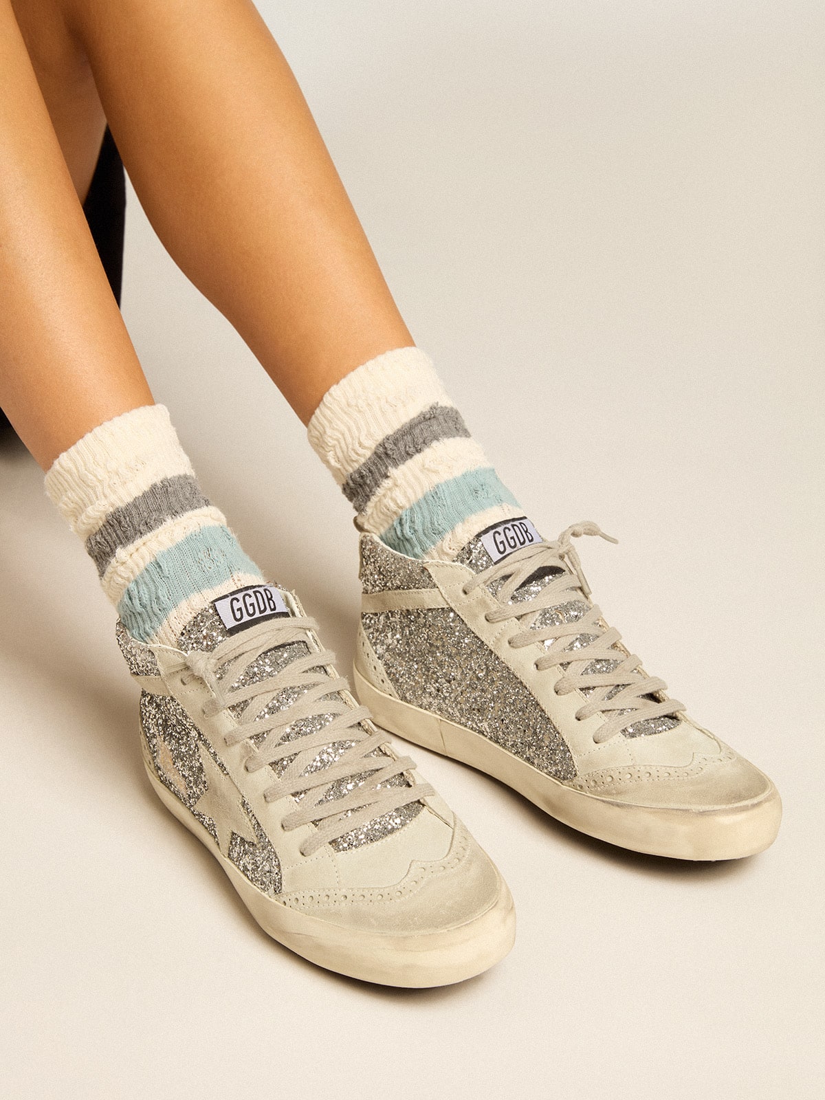 Mid Star in silver glitter with ice-gray suede star and flash - Golden Goose Women