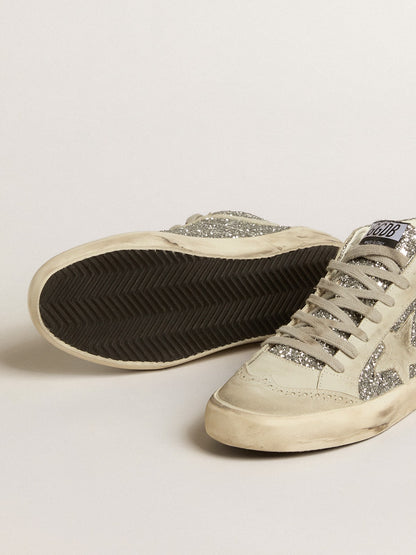 Mid Star in silver glitter with ice-gray suede star and flash - Golden Goose Women