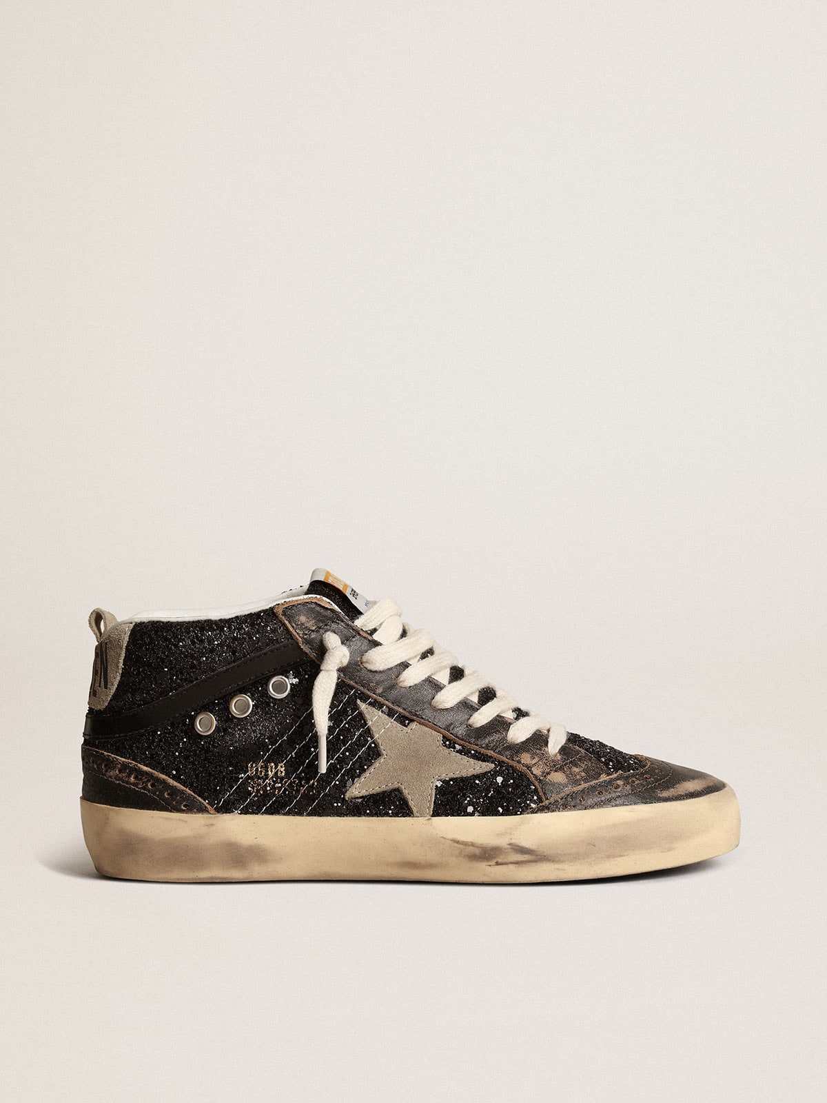 Women’s Mid Star in black glitter with dove-gray suede star and heel tab - Golden Goose Women