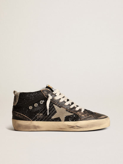 Women’s Mid Star in black glitter with dove-gray suede star and heel tab - Golden Goose Women