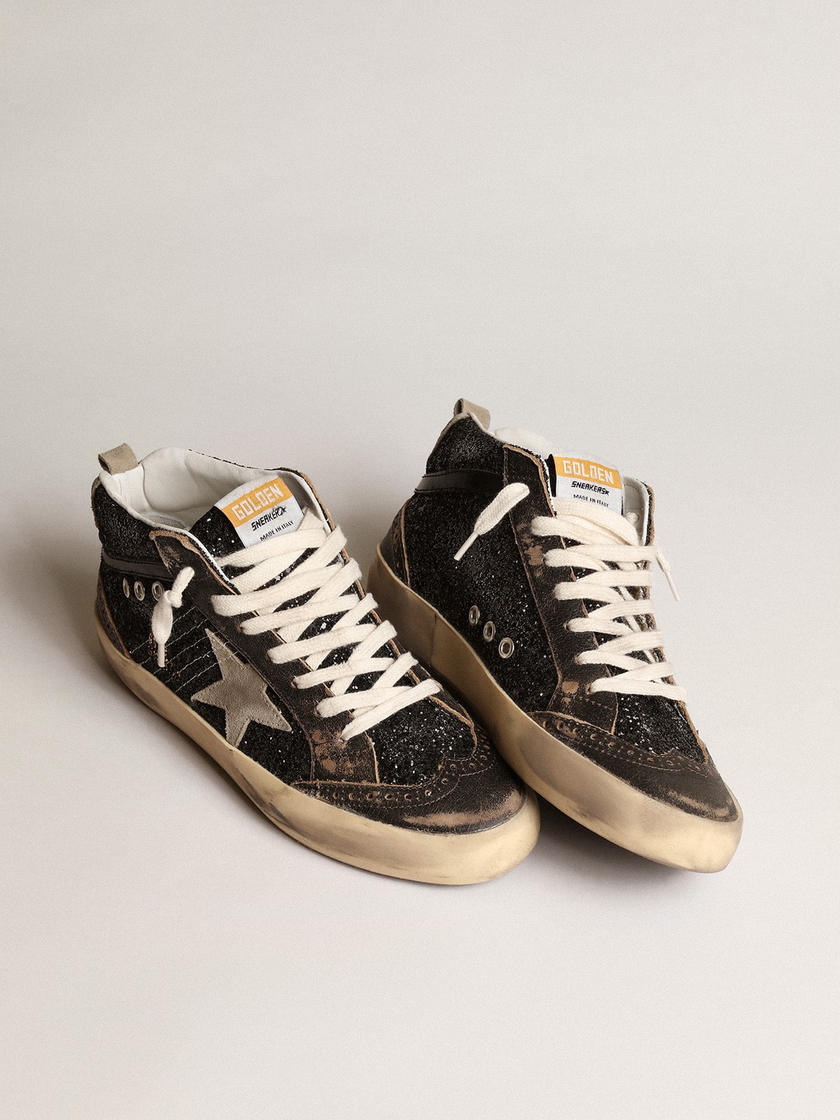 Women’s Mid Star in black glitter with dove-gray suede star and heel tab - Golden Goose Women