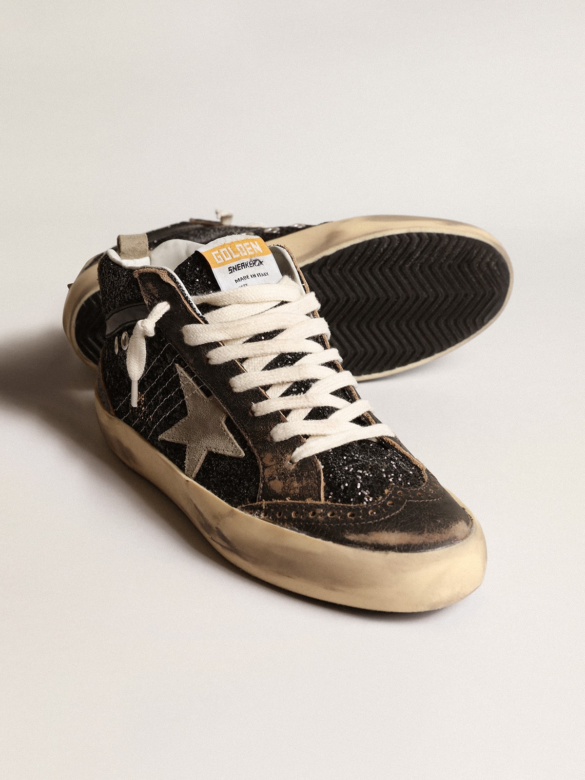 Women’s Mid Star in black glitter with dove-gray suede star and heel tab - Golden Goose Women