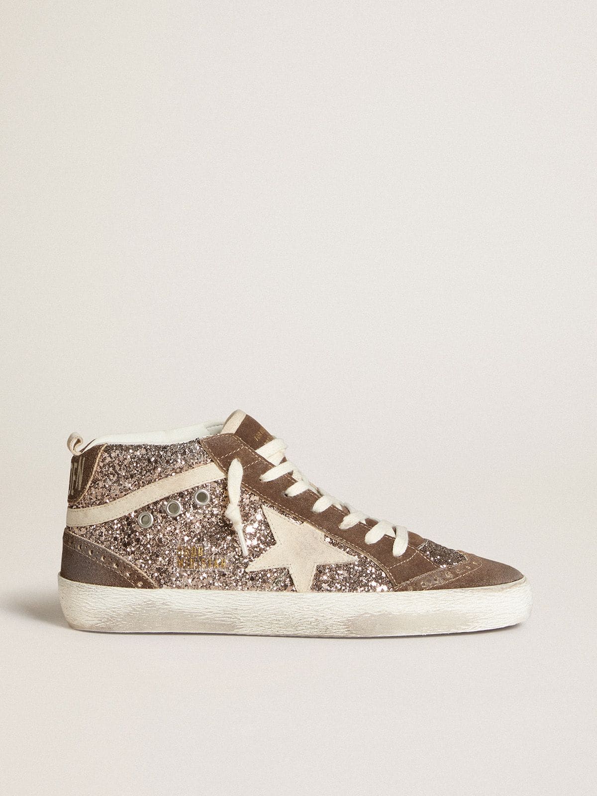 Women's Mid Star in glitter with pearl suede star and brown suede inserts - Golden Goose Women