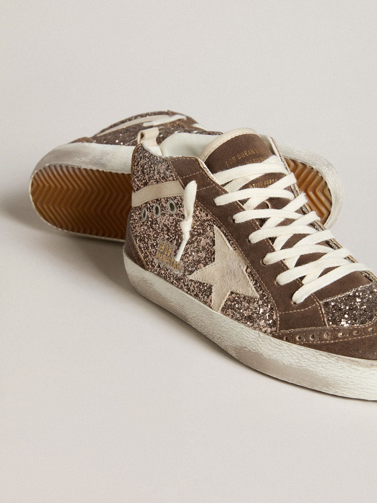 Women's Mid Star in glitter with pearl suede star and brown suede inserts - Golden Goose Women