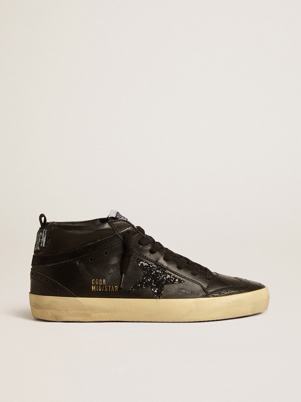 Women's Mid Star in black nappa with black glitter star and suede flash - Golden Goose Women