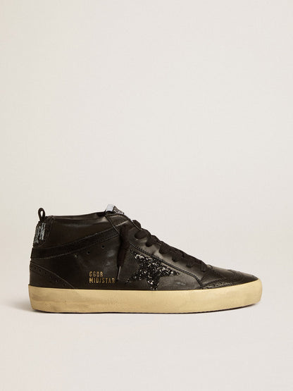 Women's Mid Star in black nappa with black glitter star and suede flash - Golden Goose Women