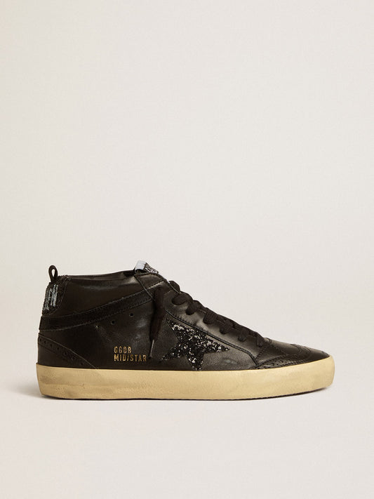 Women's Mid Star in black nappa with black glitter star and suede flash - Golden Goose Women
