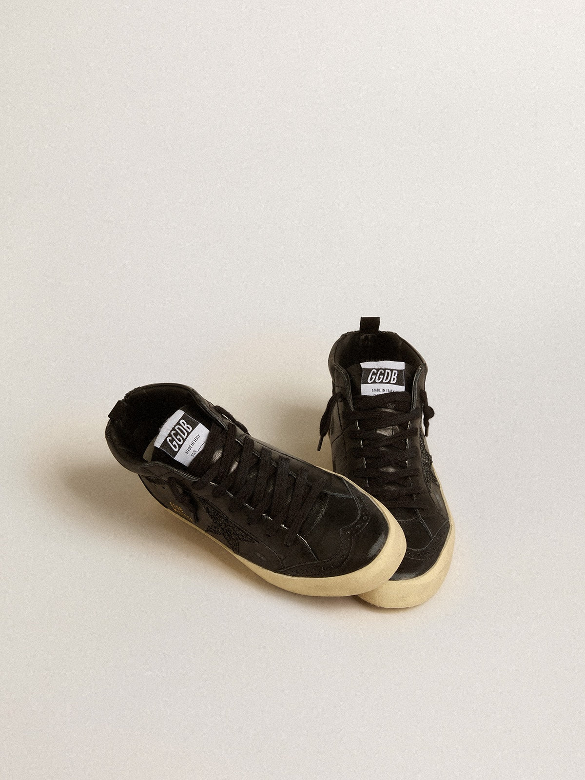 Women's Mid Star in black nappa with black glitter star and suede flash - Golden Goose Women