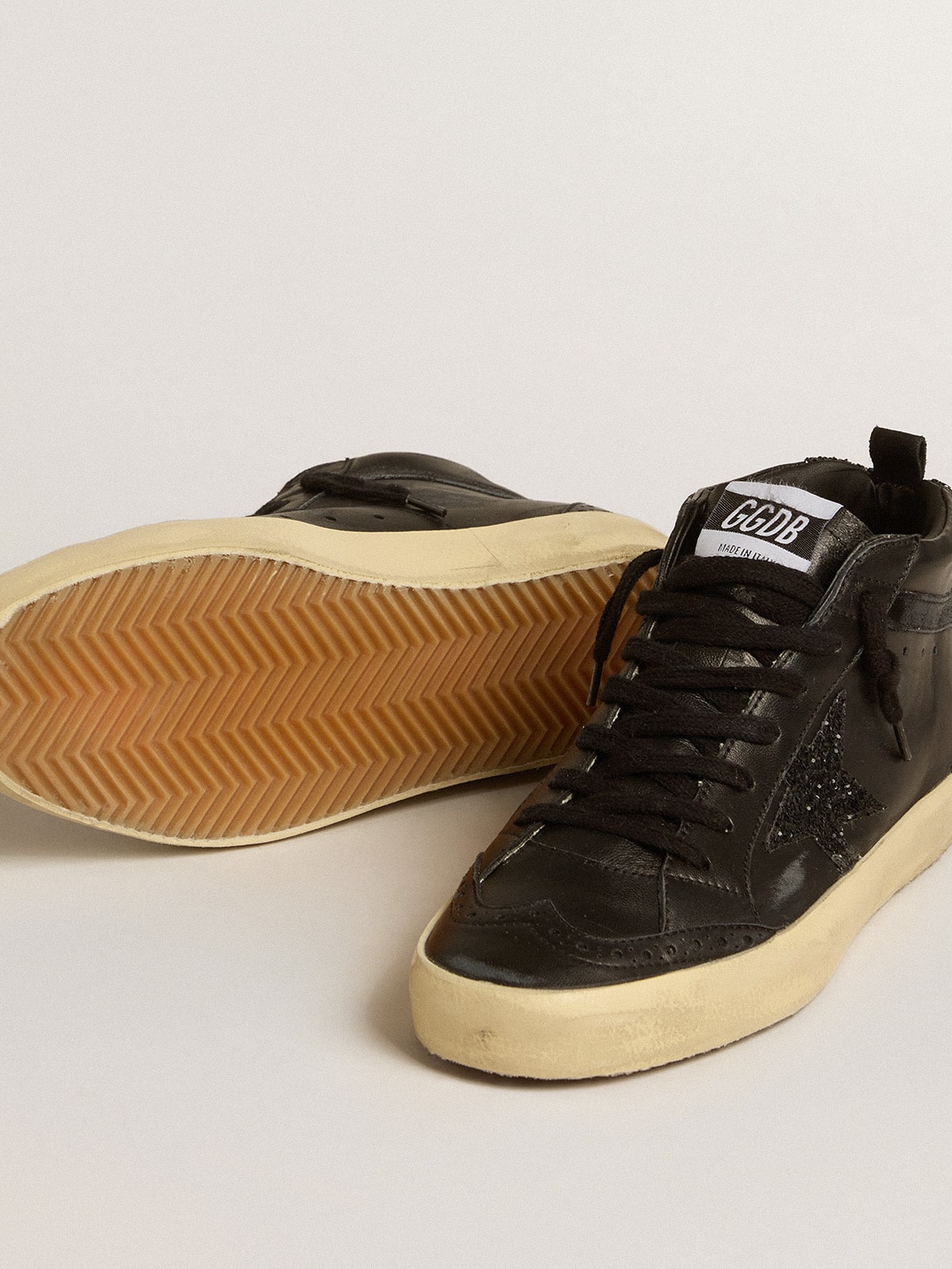 Women's Mid Star in black nappa with black glitter star and suede flash - Golden Goose Women